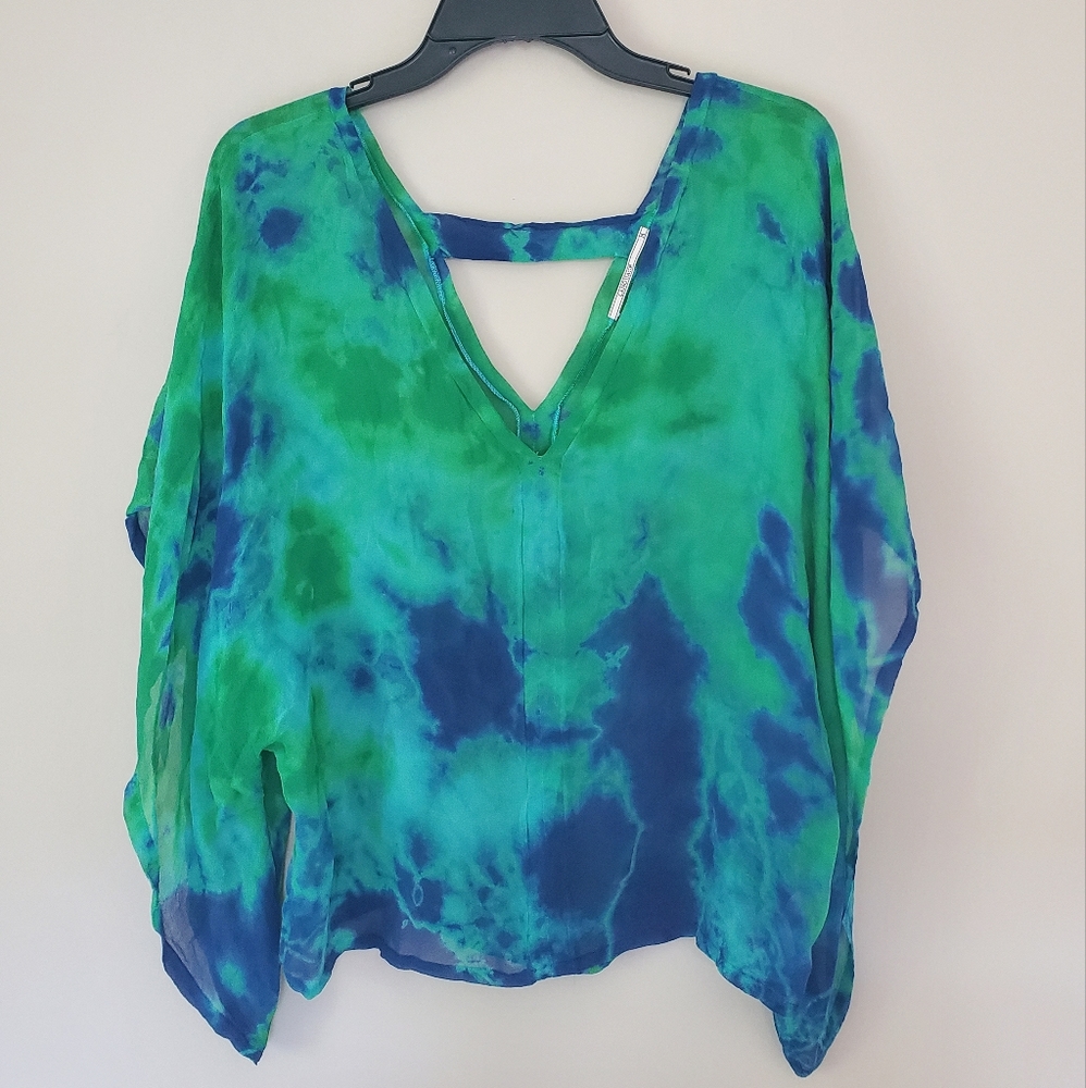 Language Anthropologie Blue & Green Tie Dye Flowy Blouse Medium